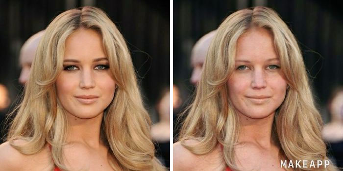 Jennifer Lawrence antes y después de usar MakeApp y eliminar el maquillaje