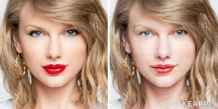 Taylor Swift antes y después de usar MakeApp y eliminar el maquillaje