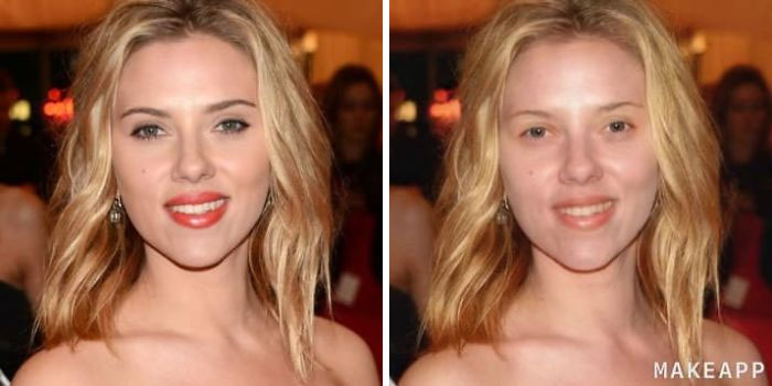 Scarlett Johansson antes y después de usar MakeApp y eliminar el maquillaje