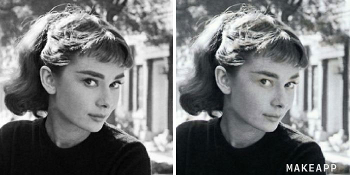Audrey Hepburn antes y después de usar MakeApp y eliminar el maquillaje