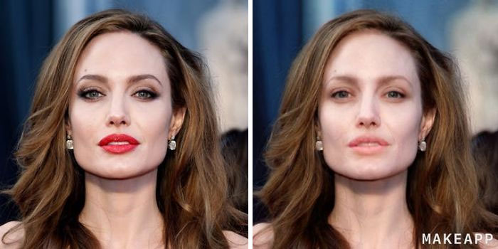 Angelina Jolie antes y después de usar MakeApp y eliminar el maquillaje
