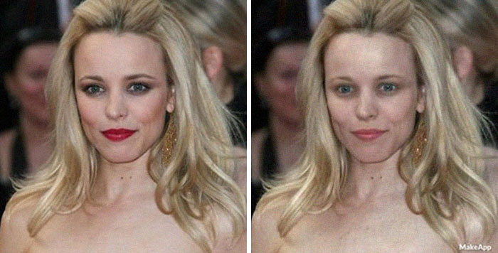 Rachel McAdams antes y después de usar MakeApp y eliminar el maquillaje