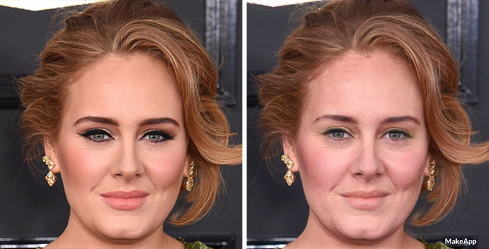 Adele antes y después de usar MakeApp y eliminar el maquillaje