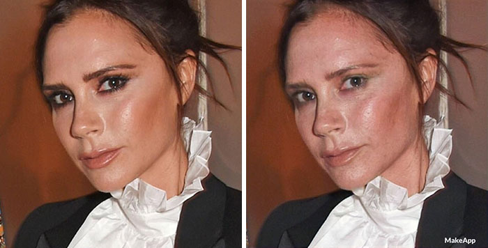 Victoria Beckham antes y después de usar MakeApp y eliminar el maquillaje