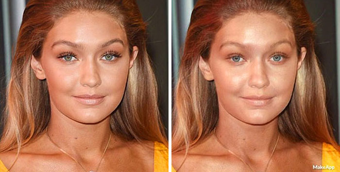 Gigi Hadid antes y después de usar MakeApp y eliminar el maquillaje