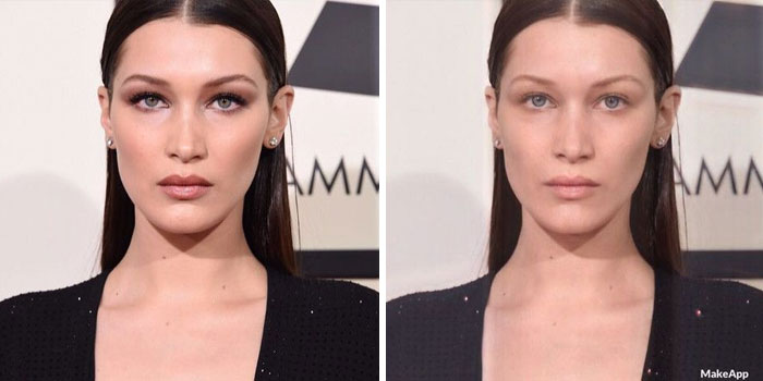 Bella Hadid antes y después de usar MakeApp y eliminar el maquillaje