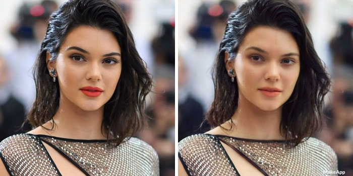 Kendall Jenner antes y después de usar MakeApp y eliminar el maquillaje