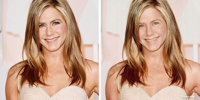 Jennifer Aniston antes y después de usar MakeApp y eliminar el maquillaje