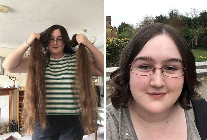 Chica mostrando su transformación después de donar su cabello a la estilista Hayley Pritchard