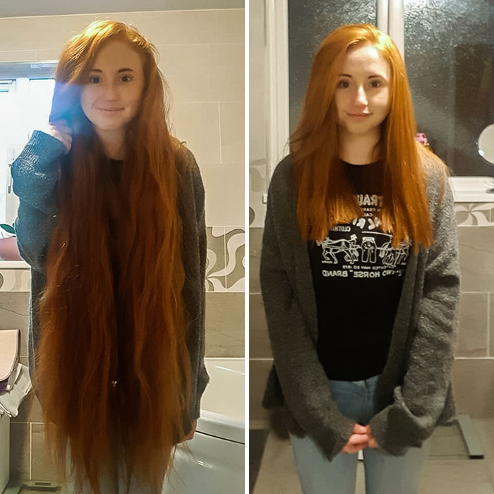 Chica en su habitación antes y después de donar su cabello a la estilista Hayley Pritchard