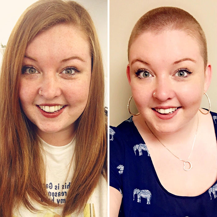 Chica sonriendo antes y después de donar su cabello a la estilista Hayley Pritchard