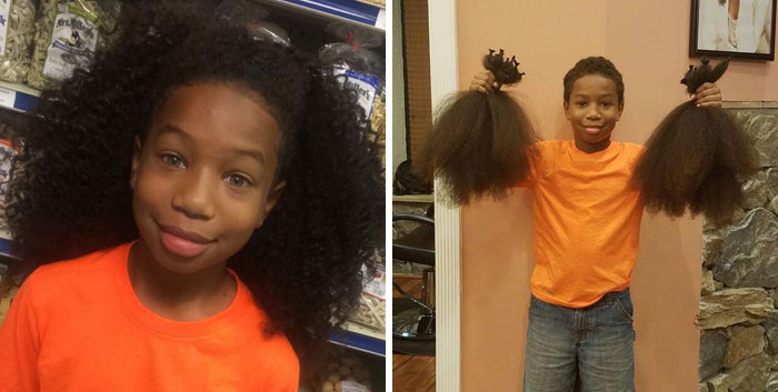 Niña sonriendo antes y después de donar su cabello a la estilista Hayley Pritchard