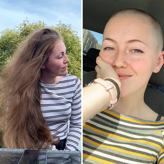 Chica sonriendo dentro de un auto antes y después de donar su cabello a la estilista Hayley Pritchard
