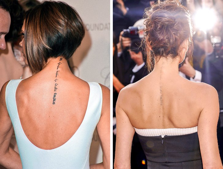 Victoria Beckham mostrando el tatuaje hebreo de su espalda