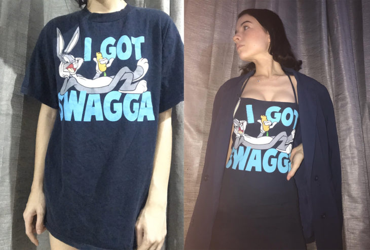 Chica con una camisa estampada de bugs bunny y modificada como un vestido ceñido al cuerpo