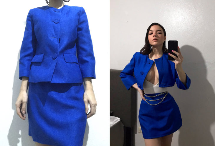 Chica con un traje sastre y después modificado a un atuendo sexi