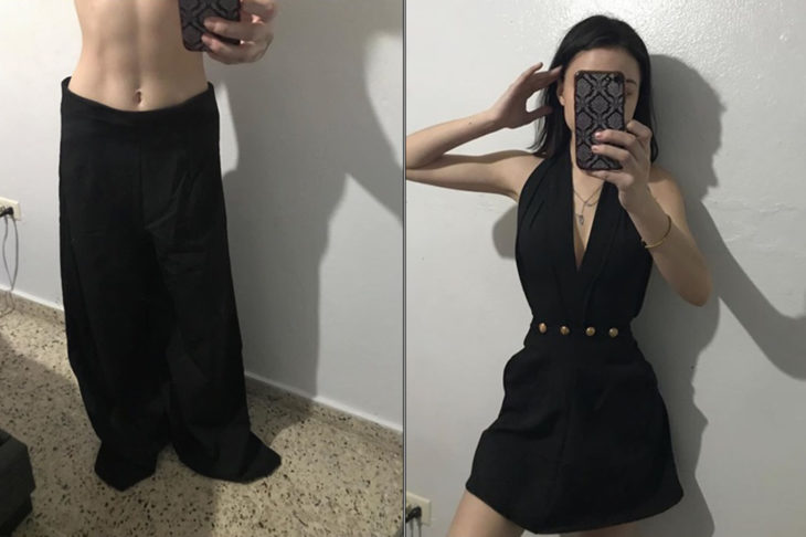 Chica con un pantalón holgado y modificado como un vestido de escote en V