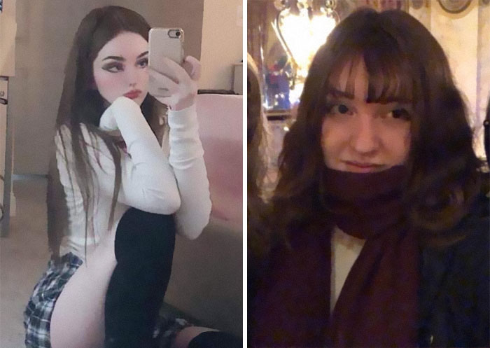 Comparación de la foto de una chica con filtros de Instagram vs. cómo es realmente