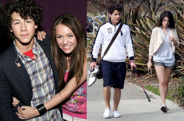 Miley Cyrus abrazando a Nick Jonas. Selena Gomez caminando al lado de Nick Jonas