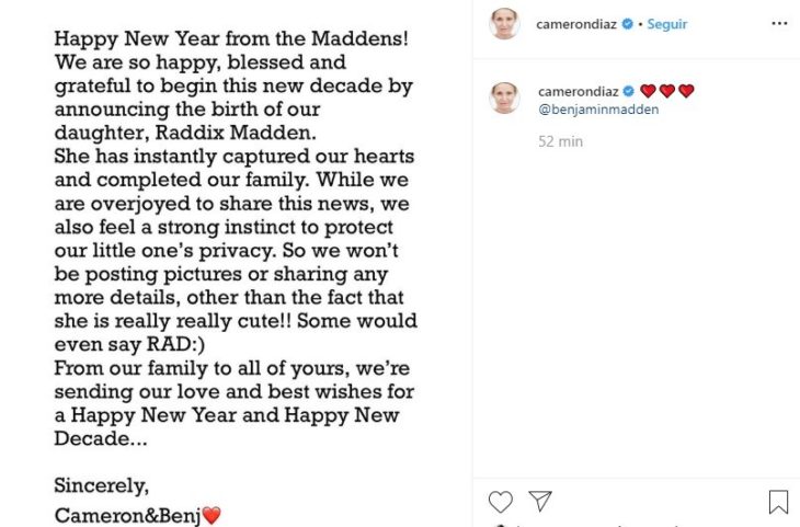 Publicación de Instagram de Cameron Diaz anuncia maternidad