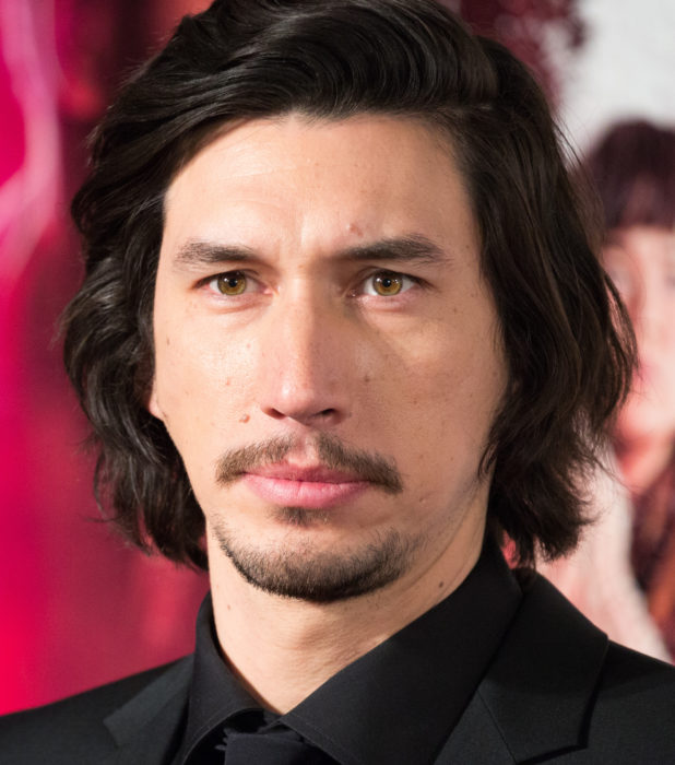 Actor Adam Driver; hombre de ojos verdes, bigote, barba y cabello castaño oscuro y largo