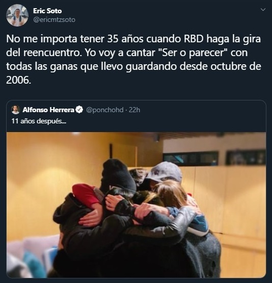 Tuit sobre el reencuentro de RBD 11 años después