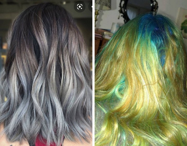 Chica comparando un cabello platinado con uno de color verde, amarillo y azul 