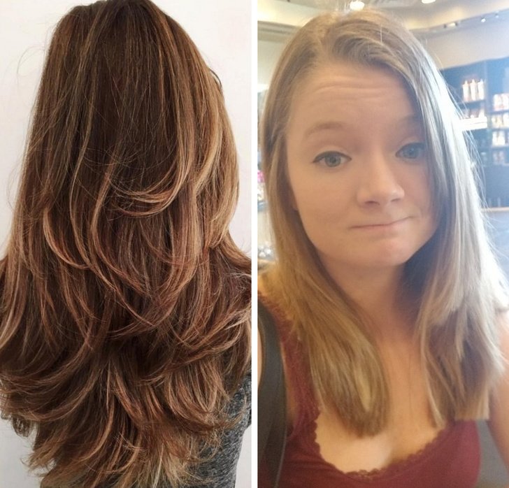 Chica mostrando las capas que quería para su cabello y lo mal que se lo cortaron después 