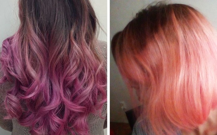 Chica mostrando una comparación del ombré que quería y el que recibió 