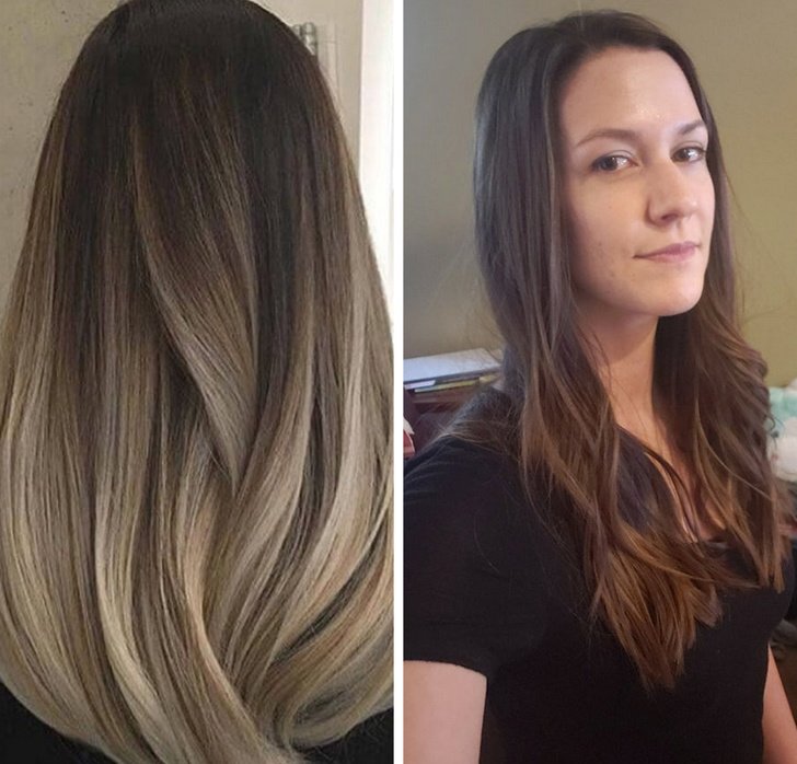 Chica mostrando el color de cabello que quería y el que le dejó la estilista 