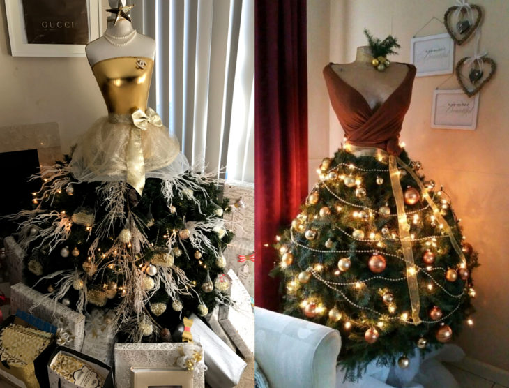 Árbol verde con dorado de Navidad como vestido de maniquí