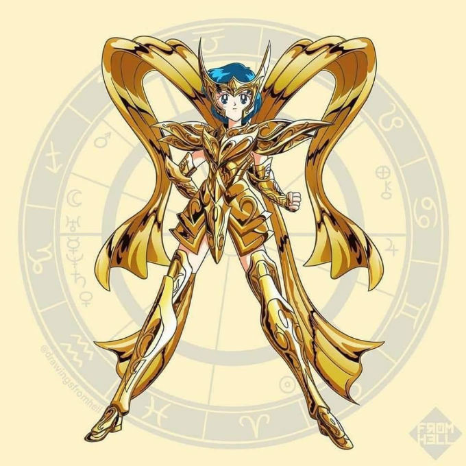Sailor scouts usando la armadura dorada de Los caballeros de Oro de Saint Seiya