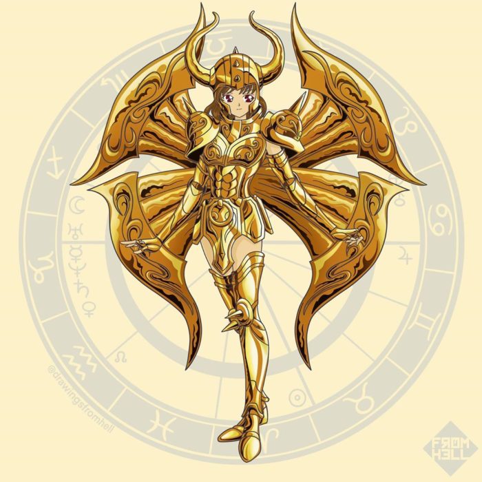 Sailor scouts usando la armadura dorada de Los caballeros de Oro de Saint Seiya