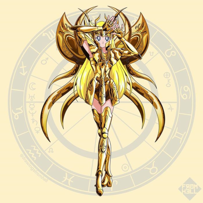 Sailor scouts usando la armadura dorada de Los caballeros de Oro de Saint Seiya