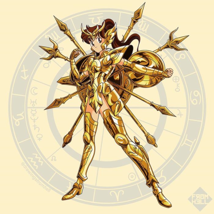 Sailor scouts usando la armadura dorada de Los caballeros de Oro de Saint Seiya