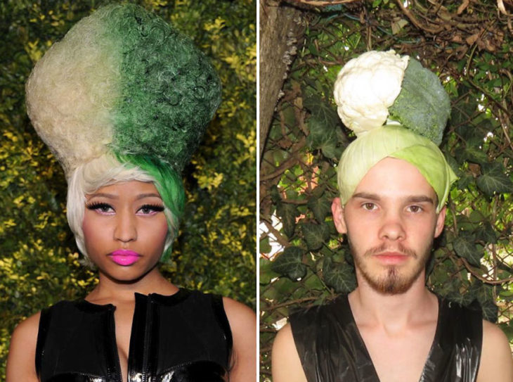 Chico imitando el atuendo de Nicki Minaj con lechugas y coles 
