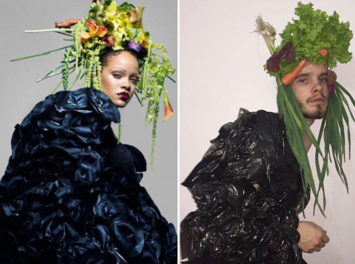 Chico imitando el atuendo de Rihanna con bolsas de basura y verduras 