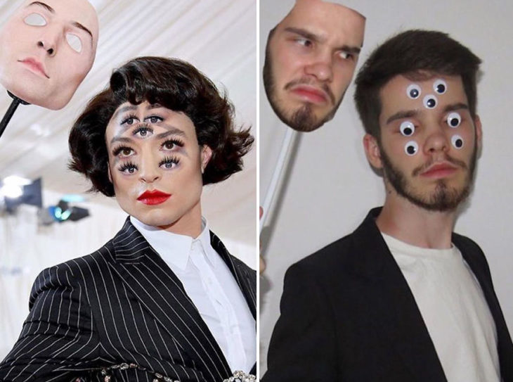 Chico imitando el atuendo de Ezra Miller con ojitos de plástico y una cara hecha en photoshop 