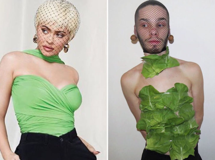 Chico imitando el atuendo de Kylie Jenner con lechugas y una maya en la cabeza 