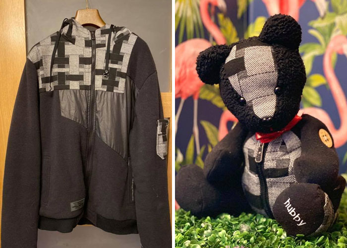 Osito de peluche hecho con pedazos de prendas de personas fallecidas