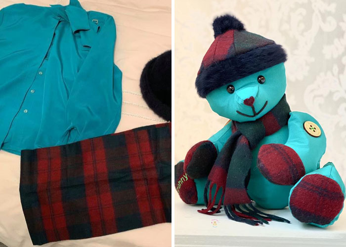 Osito de peluche hecho con pedazos de prendas de personas fallecidas