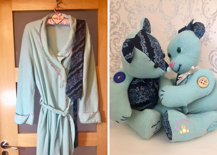 Osito de peluche hecho con pedazos de prendas de personas fallecidas