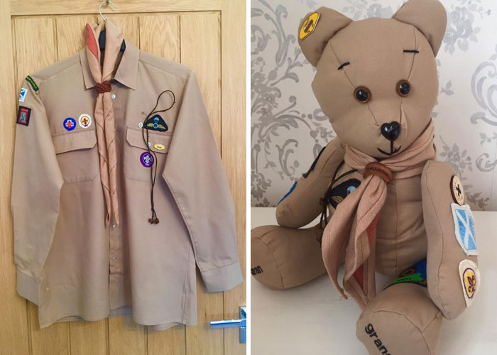 Osito de peluche hecho con pedazos de prendas de personas fallecidas