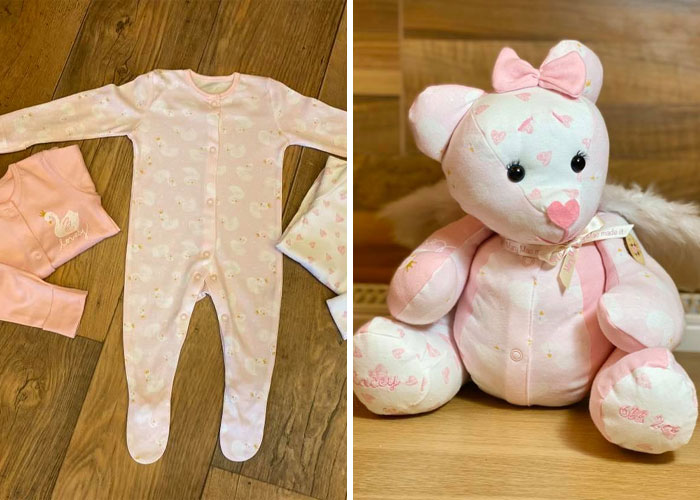 Osito de peluche hecho con pedazos de prendas de personas fallecidas