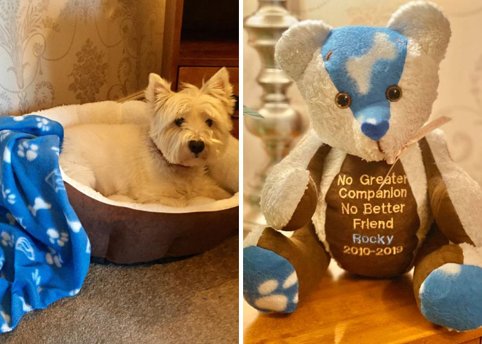 Osito de peluche hecho con pedazos de prendas de personas fallecidas