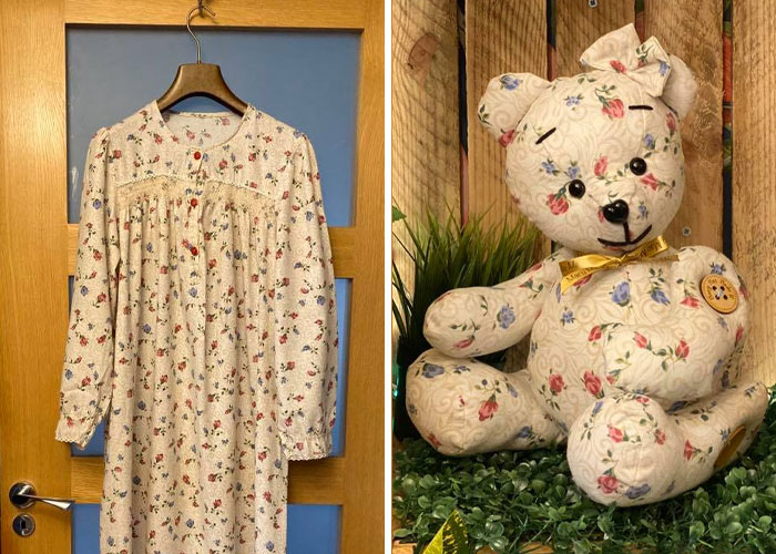 Osito de peluche hecho con pedazos de prendas de personas fallecidas