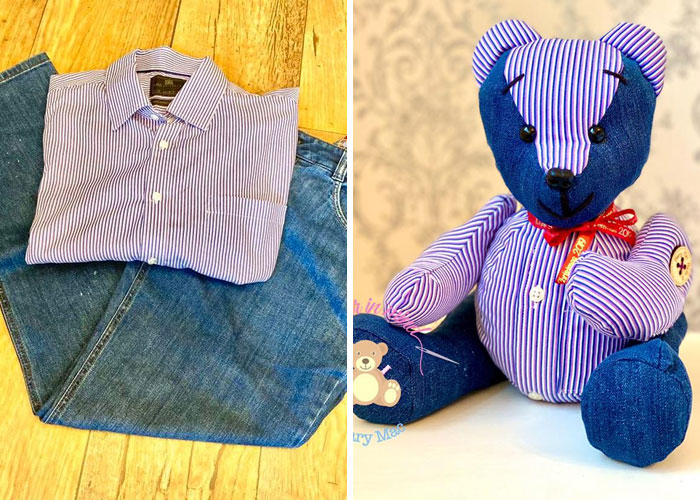 Osito de peluche hecho con pedazos de prendas de personas fallecidas