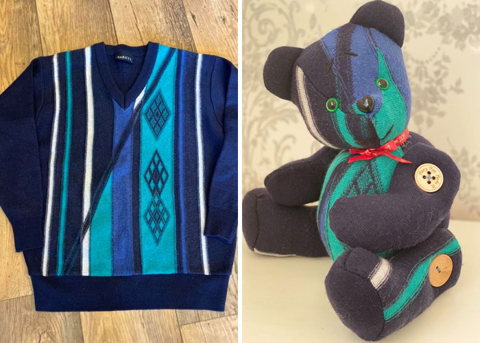 Osito de peluche hecho con pedazos de prendas de personas fallecidas