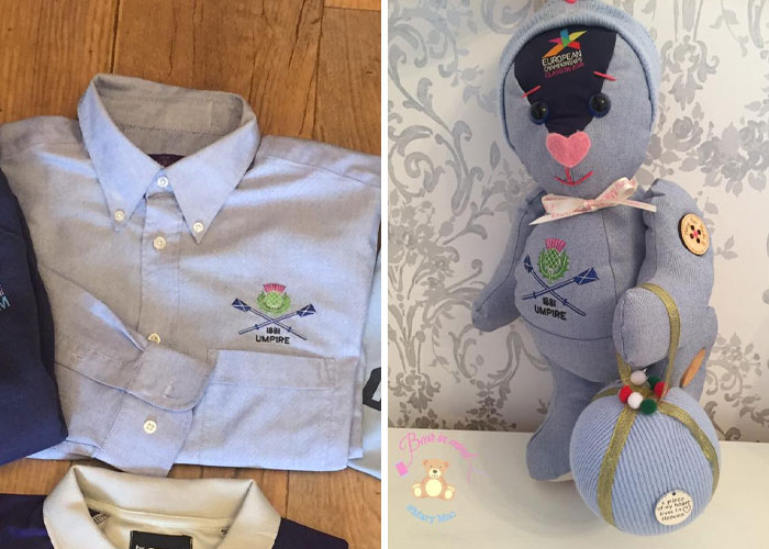 Osito de peluche hecho con pedazos de prendas de personas fallecidas