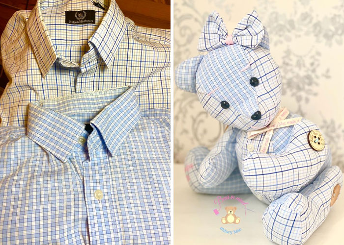 Osito de peluche hecho con pedazos de prendas de personas fallecidas
